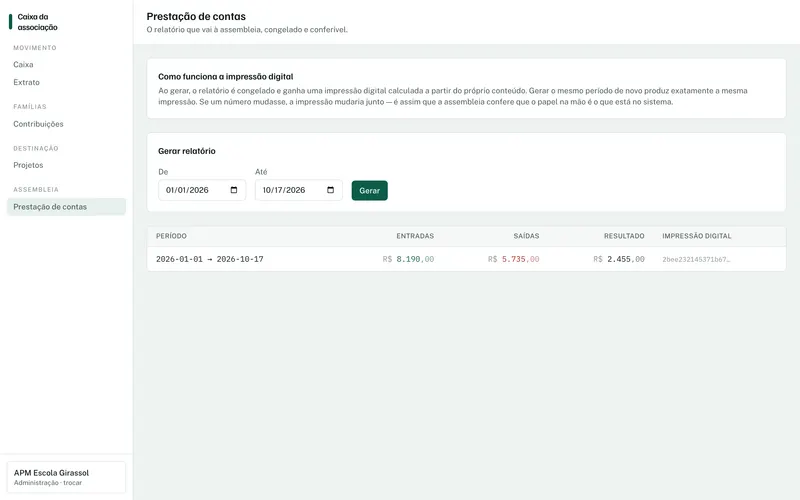 Prestação de contas do período, com entradas, saídas, resultado e a impressão digital do relatório