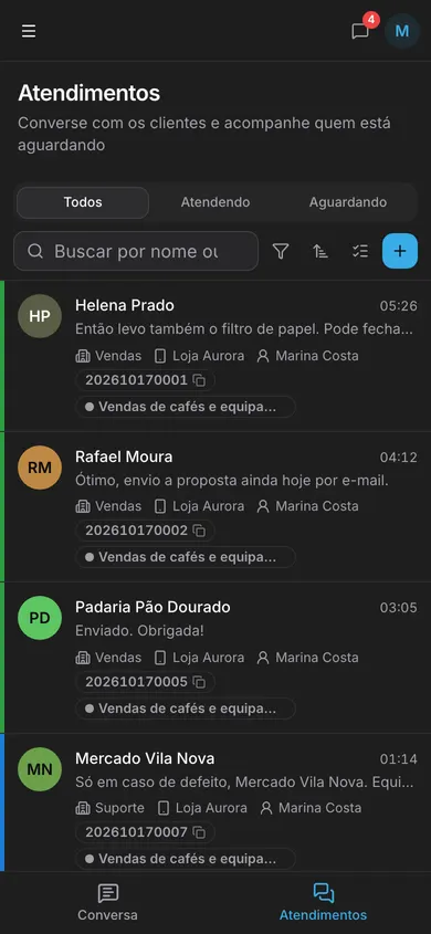 Lista de atendimentos do AtendeLink no celular