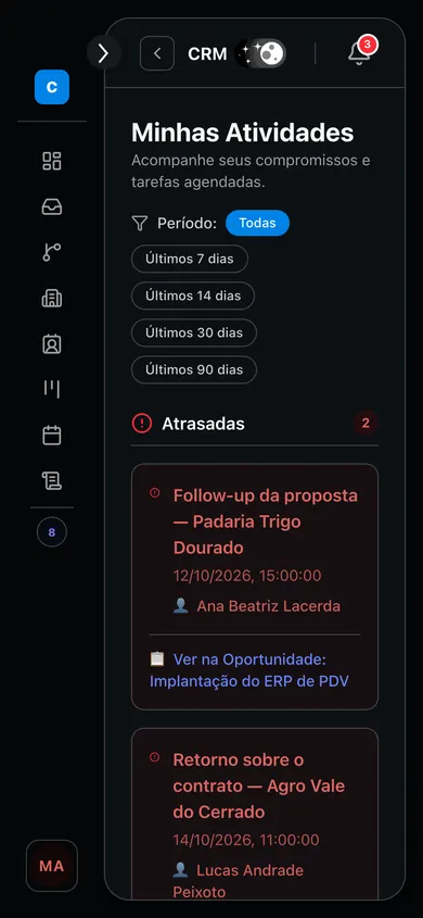 Minhas atividades no celular, com as atrasadas no topo