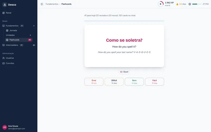 Flashcard de revisão com botão de ouvir e as notas Errei, Difícil, Bom e Fácil