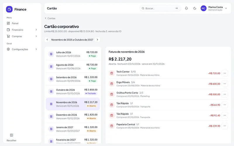 Faturas do cartão corporativo mês a mês, com compras parceladas