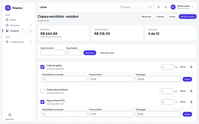 Lista de compras com itens marcados e o valor pago em cada um