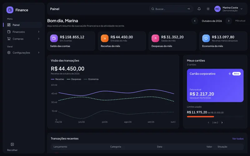 Painel do Finance Web em modo escuro, com saldo, receitas, despesas e cartões