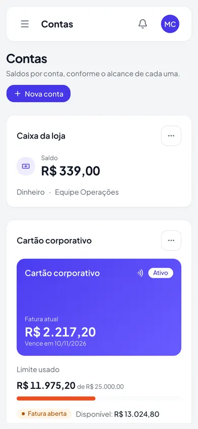 Contas do Finance Web no celular, com saldo e fatura do cartão