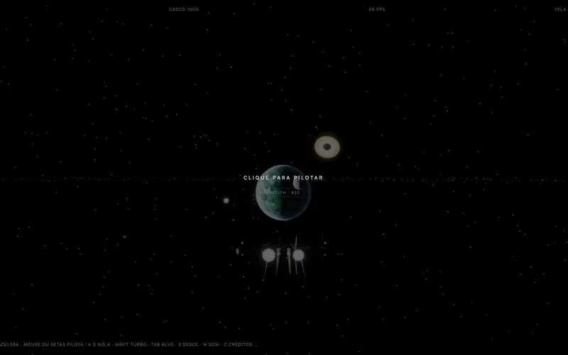 A nave parada no espaço diante de um planeta, na tela de clique para pilotar