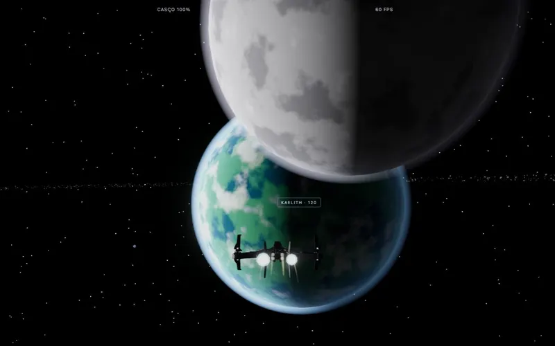 Nave se aproximando de Kaelith, com uma lua em primeiro plano e o painel de voo no topo