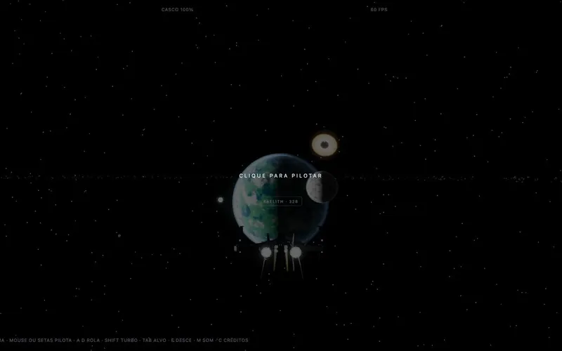 Um planeta e sua lua vistos da nave