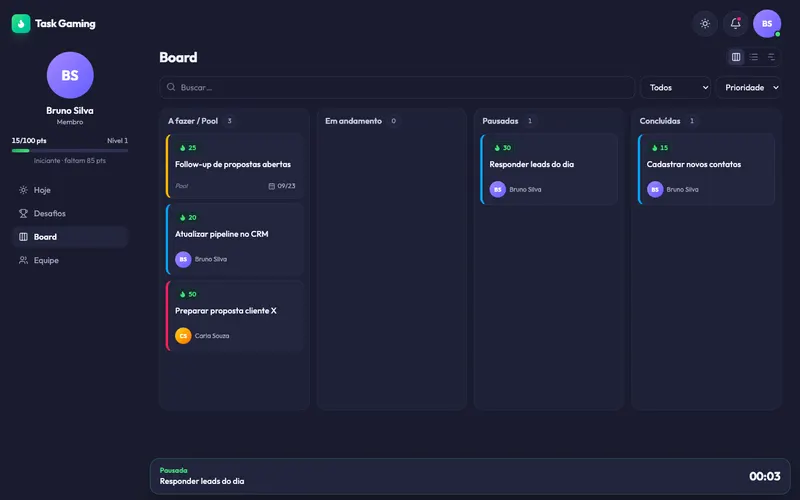 Board do Task Gaming com tarefas a fazer, pausadas e concluídas, e o player fixo no rodapé