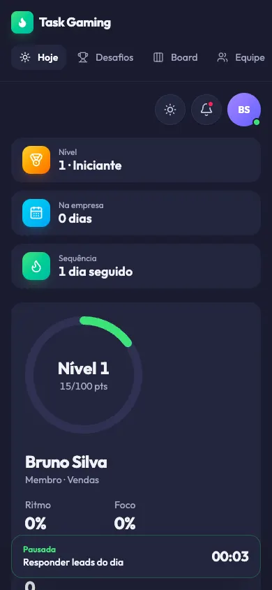 Tela Hoje no celular, com nível, sequência e a tarefa pausada