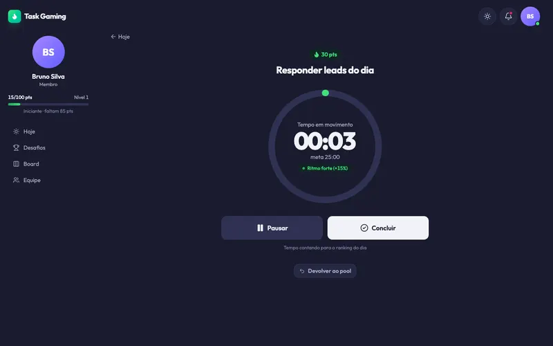 Player cronometrado de uma tarefa, com a meta de tempo e o ritmo